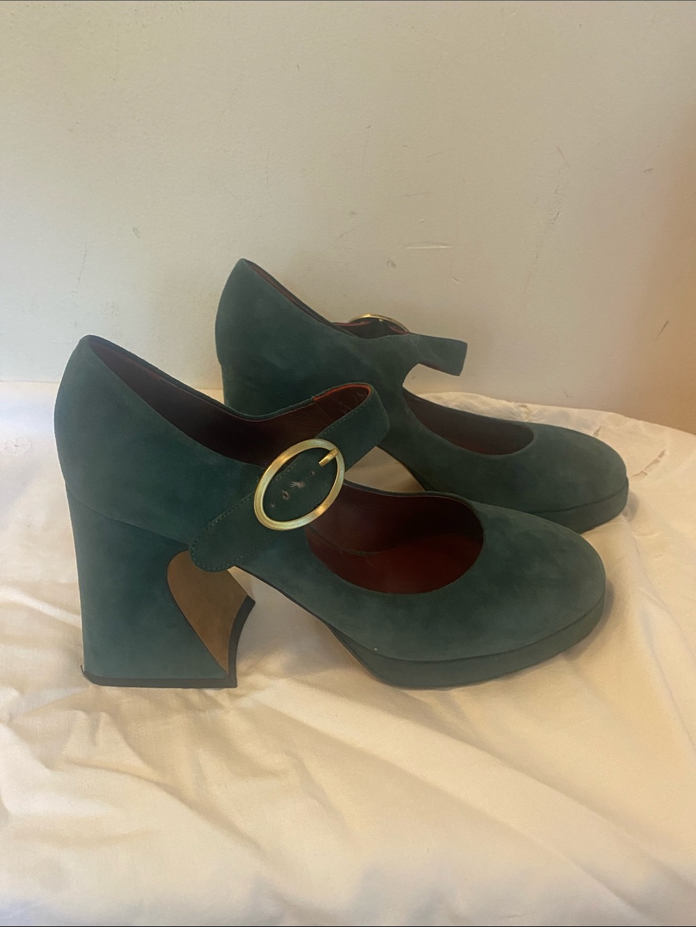 Sies Marjan Green Suede Mary Jane Block Heel Pumps